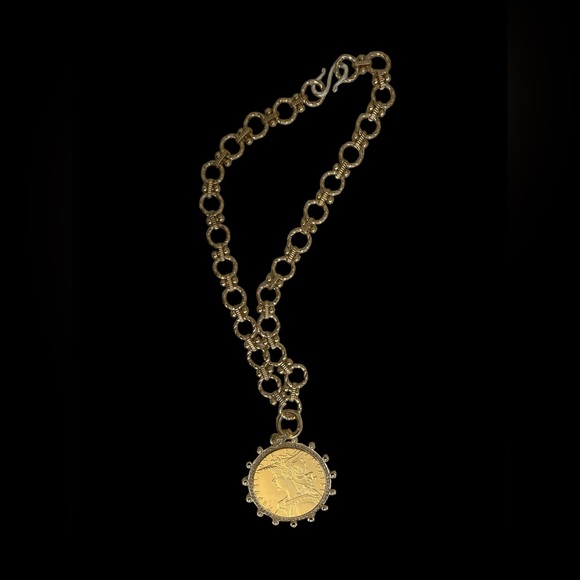Large gold coin necklace matte gold linked chain pave diamond coin statement - Picture 3 of 7